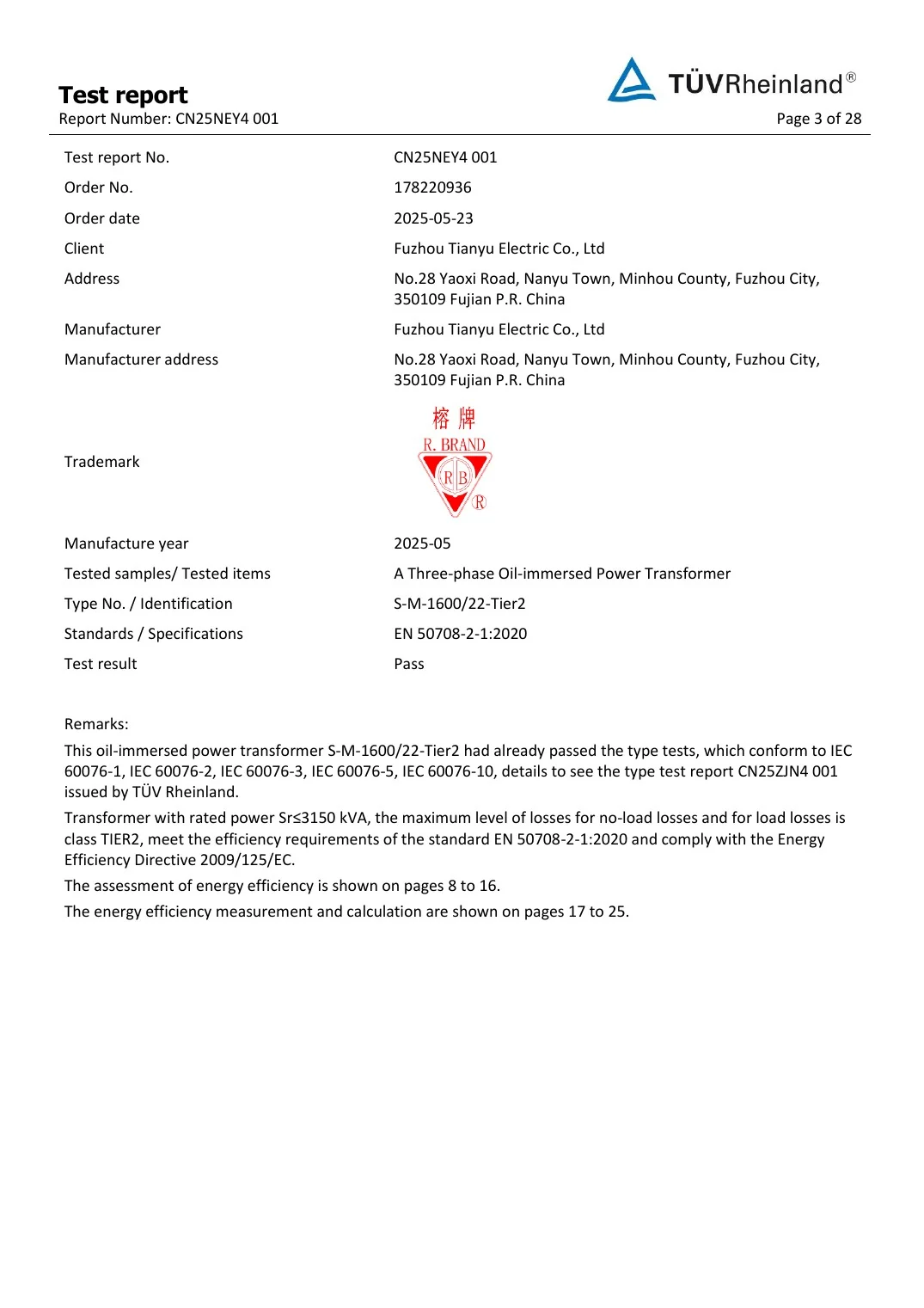 1600 kVA Tier 2 Efficiency Test Report key page 2
