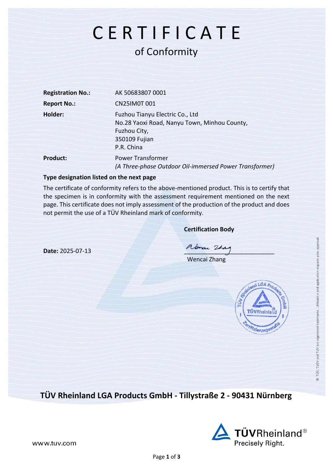 630 kVA 22 kV TÜV Certificate of Conformity cover preview