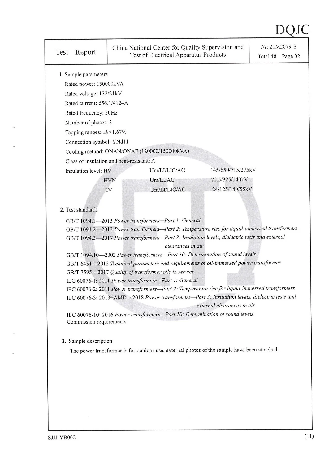 150 MVA 132 kV Power Transformer Test Report key page 3