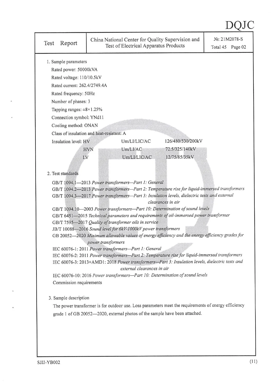 50 MVA 110 kV Power Transformer Test Report key page 3